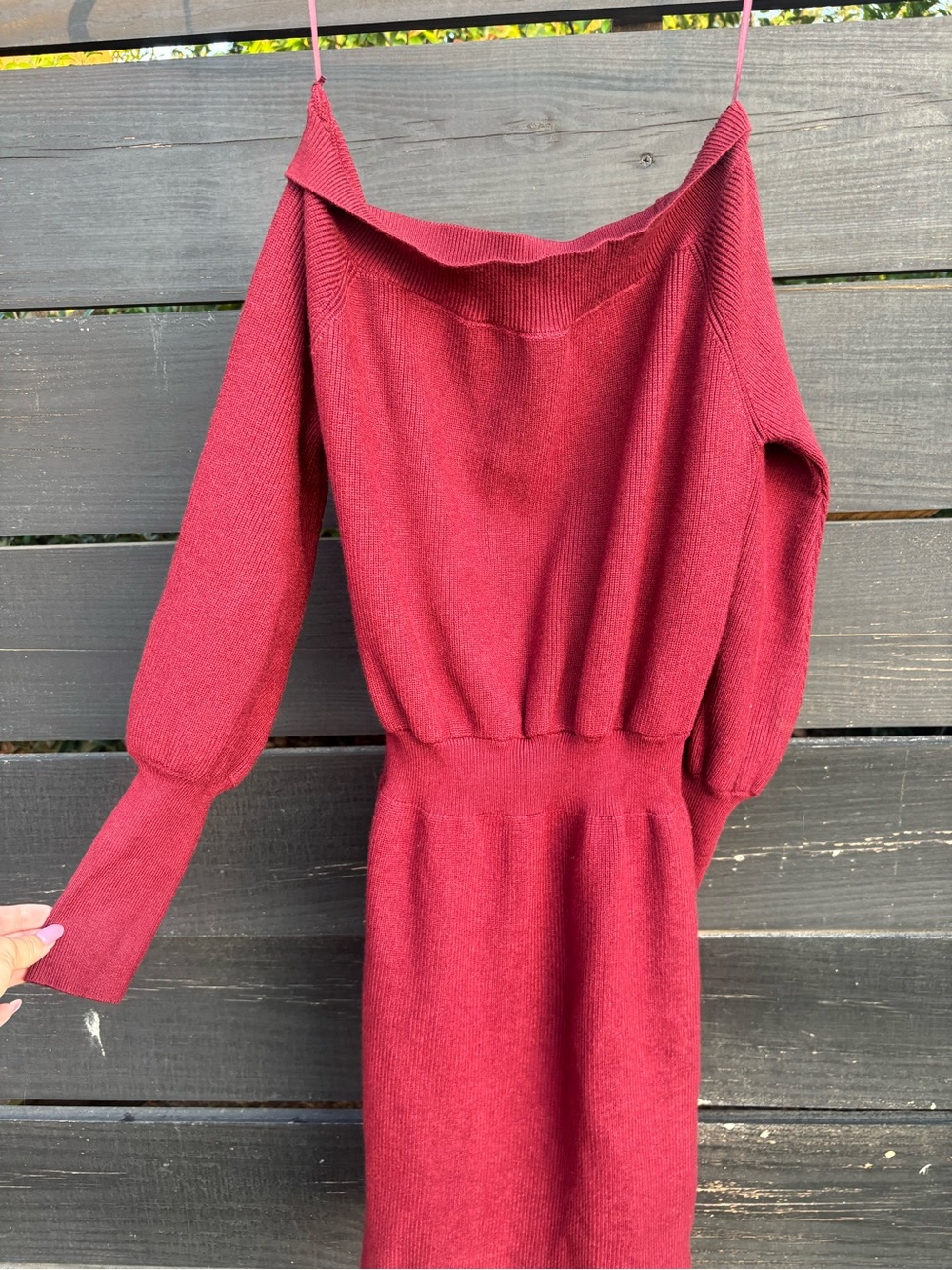Bluivy Off-Shoulder Ribbed Sweater Dress in Wine Red